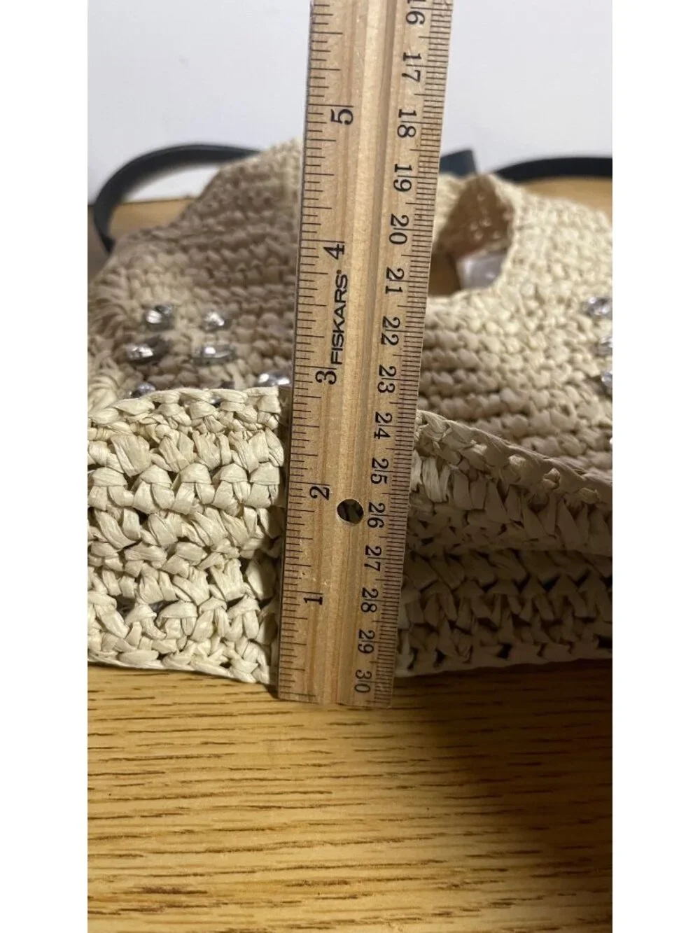 Beige Woven Straw Bag With Rhinestone Accents & Adjustable Strap Minimalist